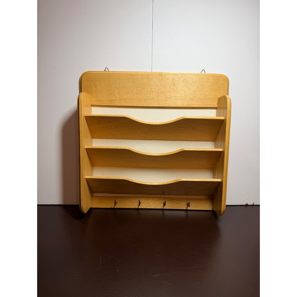 Vintage Wood Wall Mount Mail Organizer 3 Slot Letter Holder with 4 Key Hooks